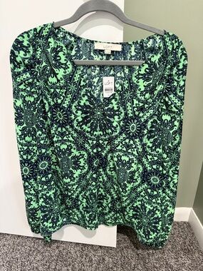 LOFT Mint Green and Navy Printed Long-Sleeve Blouse